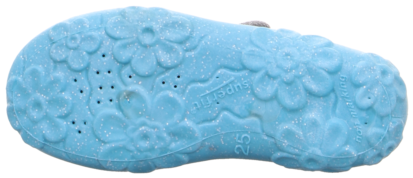 Comfortable and stylish SUPERFIT Hausschuh BONNY with grey and turquoise design featuring a beautiful butterfly pattern