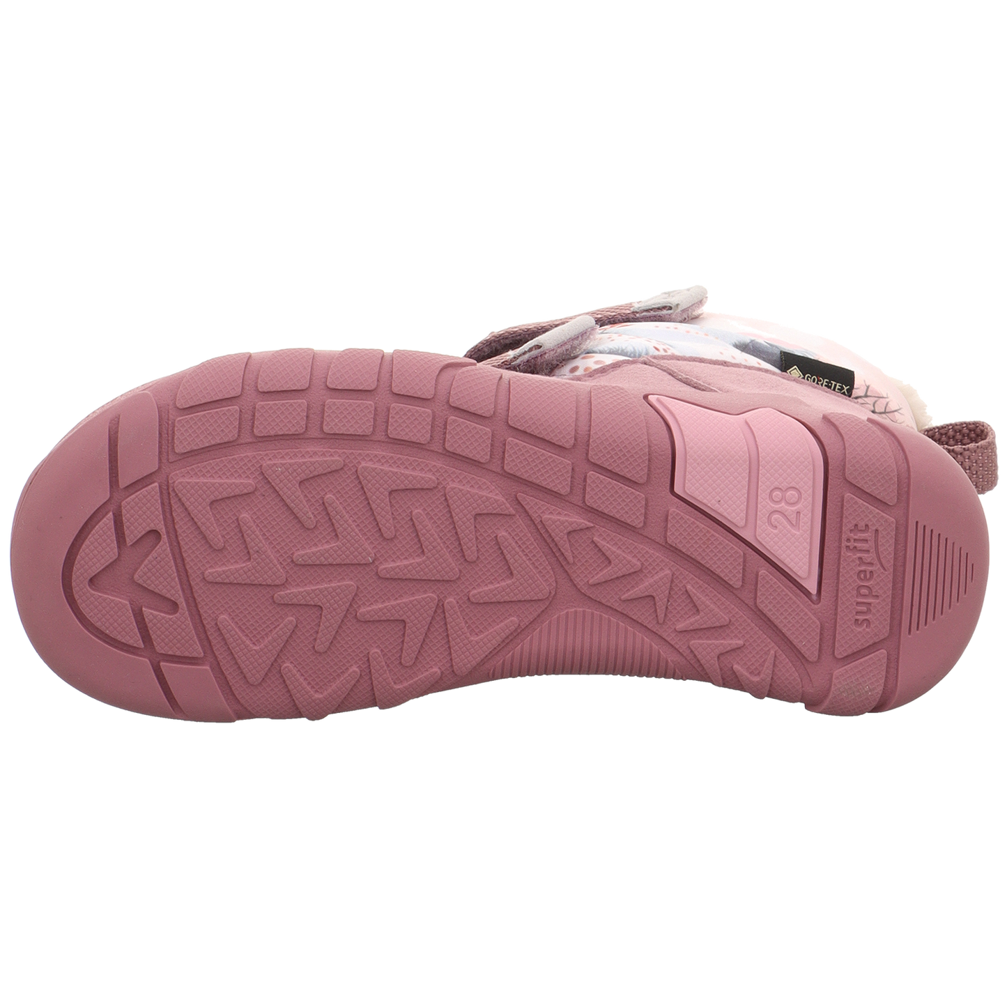 Bottom view of the durable and slip-resistant sole of the SUPERFIT Stiefel Barfußschuh TRACE 6039-85 in altrosa