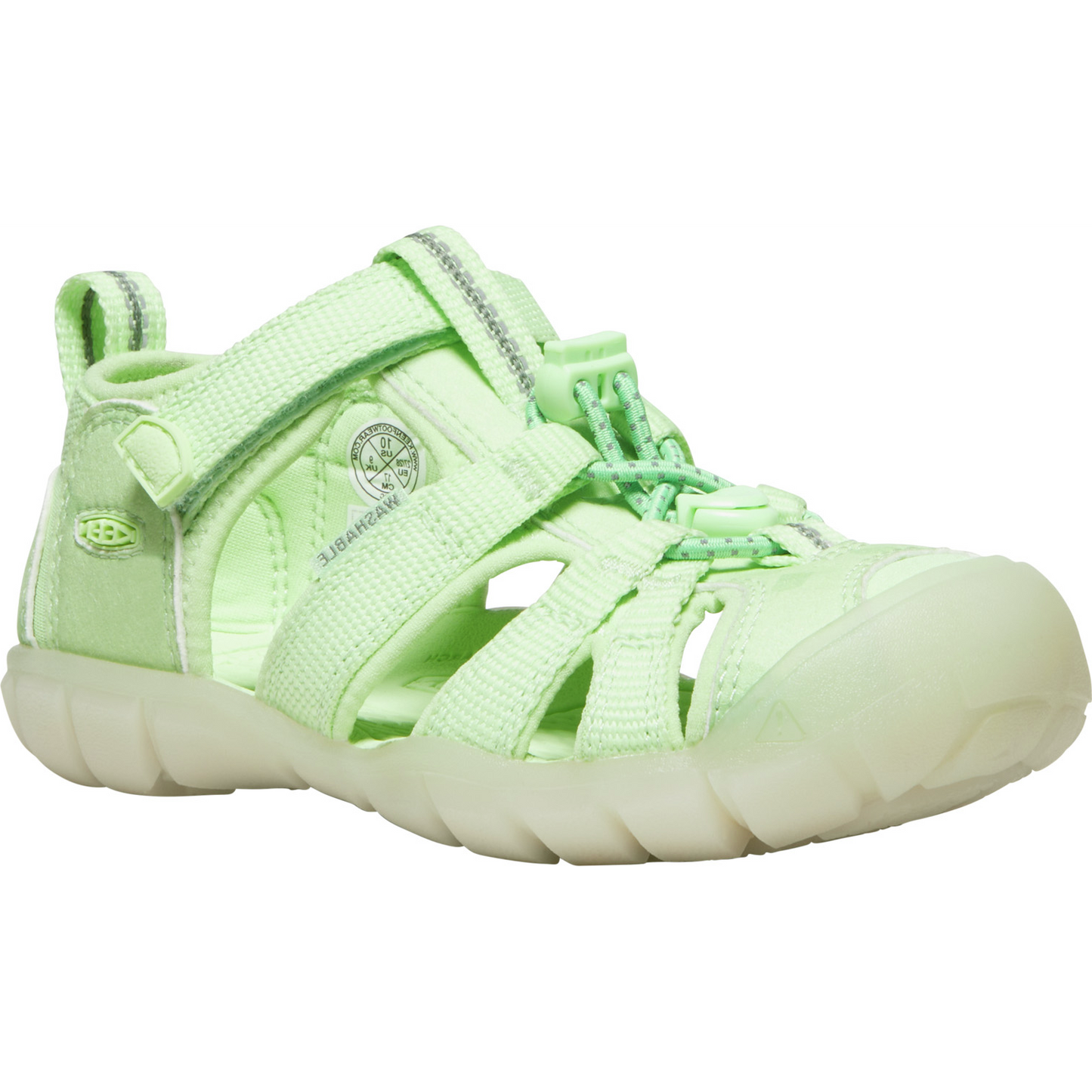 A lime-colored KEEN Halbsandale SEACAMP II CNX shoe with protective toe cap for kids