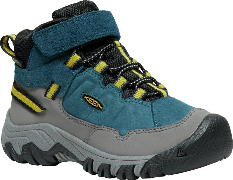 Hiking boot made by KEEN TEX in petrol, grey, and yellow colors, waterproof and ankle-high