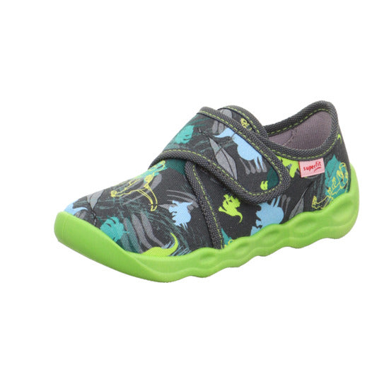 Comfortable SUPERFIT Hausschuh BUBBLE 6273-201 in green and anthracite with playful dinosaur design, perfect for kids' indoor wear