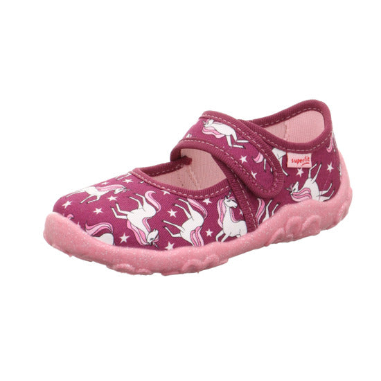 Alt text: SUPERFIT Hausschuh BONNY 283-501 - beere / Einhorn - Comfortable and stylish slipper featuring a berry color and unicorn design