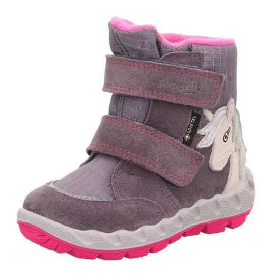 High-performance SUPERFIT GORE-TEX Stiefel ICEBIRD 6010 in lila/pink color with a horse design, ideal for outdoor activities in cold weather conditions
