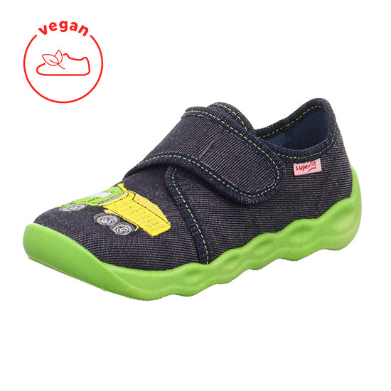 Comfortable SUPERFIT Hausschuh BUBBLE 6274-803 in trendy jeans and green colors with a playful, truck design