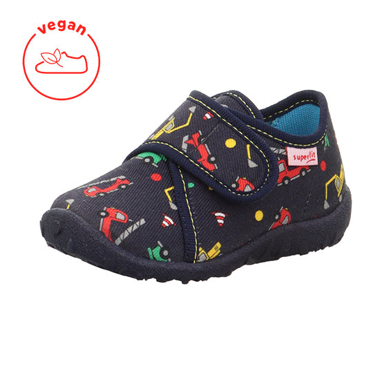 Comfortable SUPERFIT Hausschuh SPOTTY 9246-813 in dark blue with colorful Baufahrzeuge (construction vehicles) print