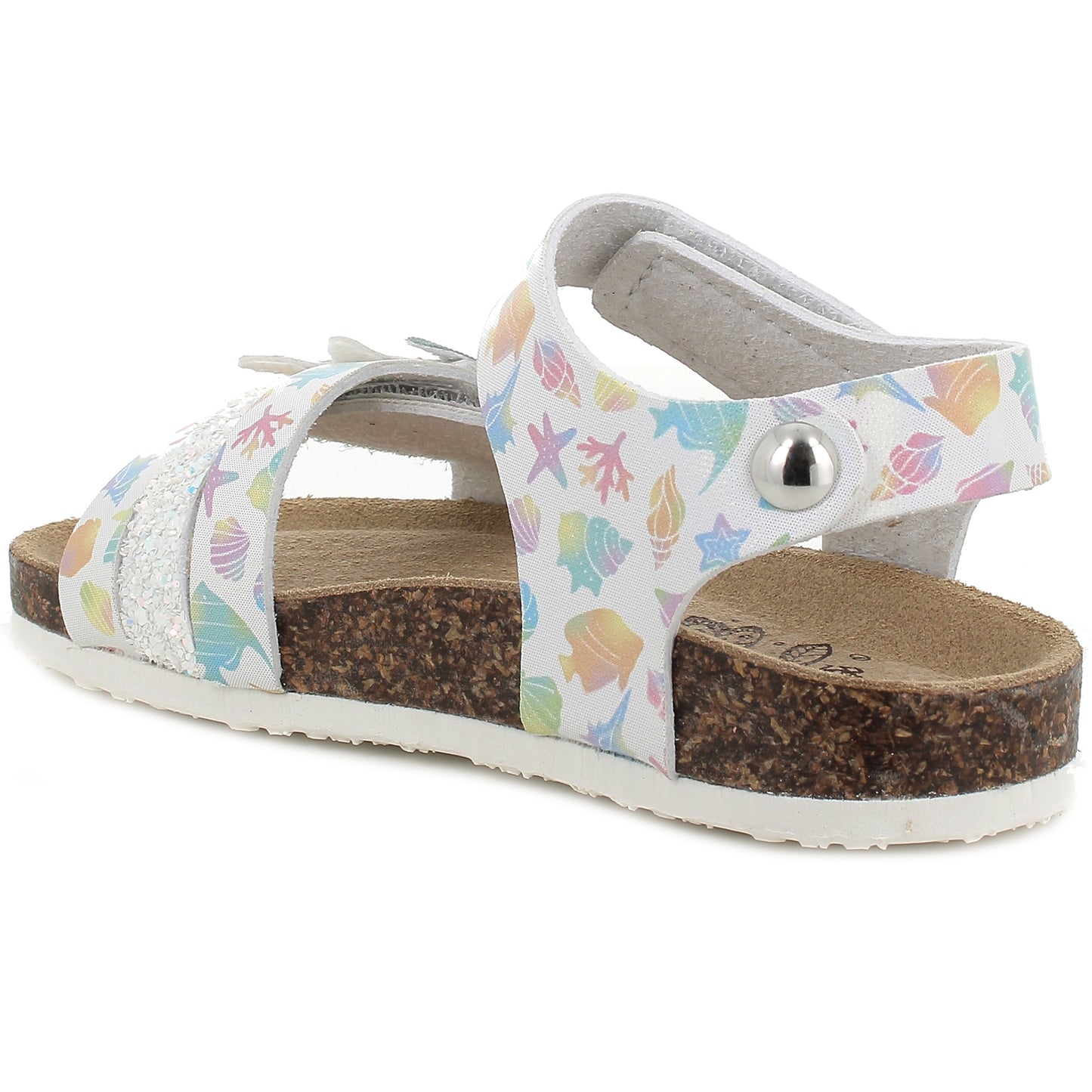 Side view of PRIMIGI Sandale BIRKY 59324-22 in weiß with Meereswelt design, showing comfortable footbed