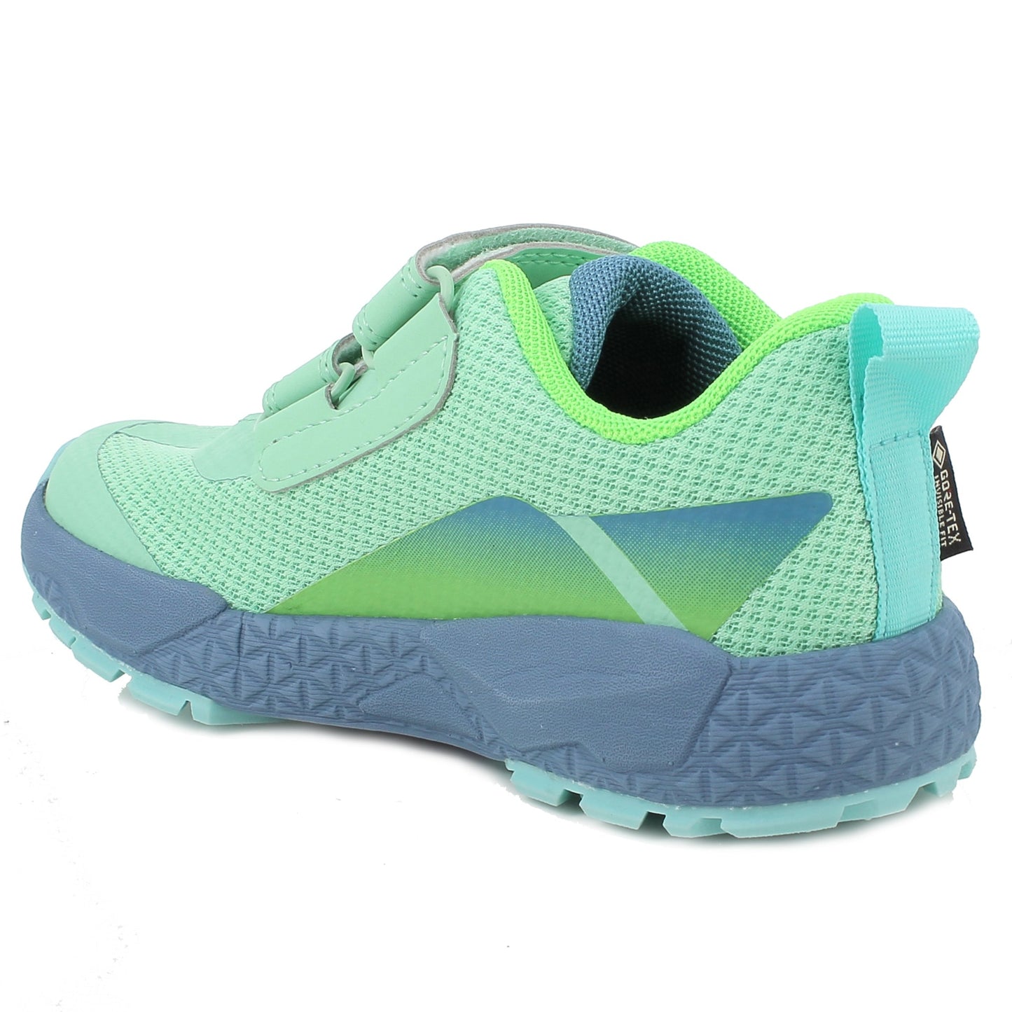 Kinderschuh in leuchtendem Neongrün und Aqua mit rutschfester Sohle
