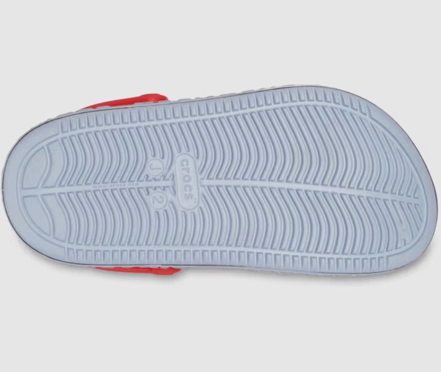 Blue and grey Avengers off court clog with comfortable, slip-on design