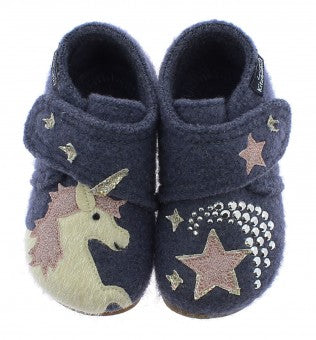 LIVING KITZBÜHEL Hausschuh 3211/549 - winternachtblau / Einhorn cozy winter house slipper with unicorn design in dark blue