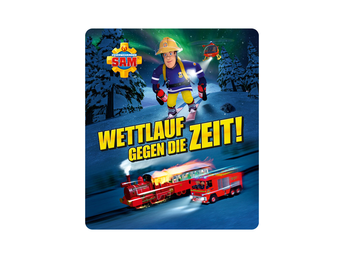 Tonies Figur Feuerwehrmann Sam mit mutigem Gesichtsausdruck und Rettungsaktion