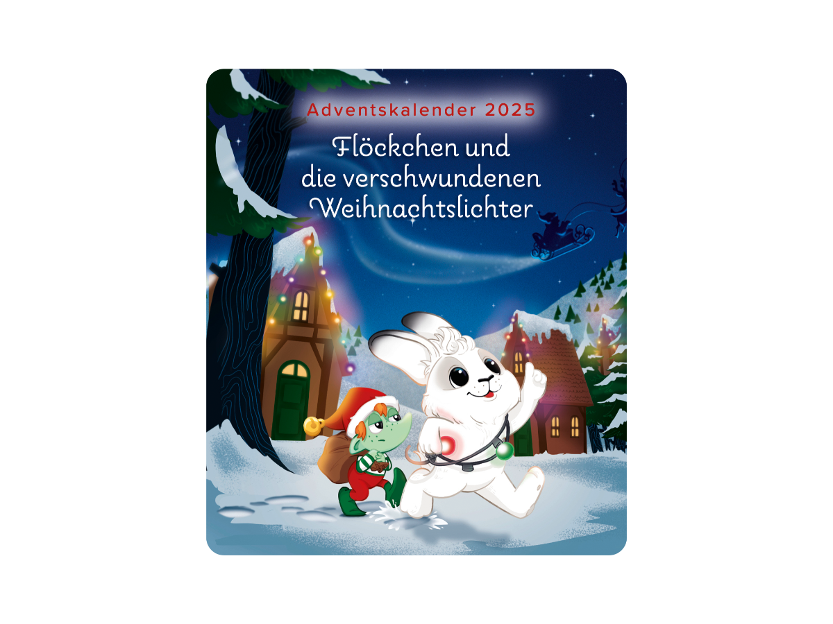 Blick auf die bunten Weihnachtslichter und die Figur Flöckchen im TONIES Adventskalender 2025