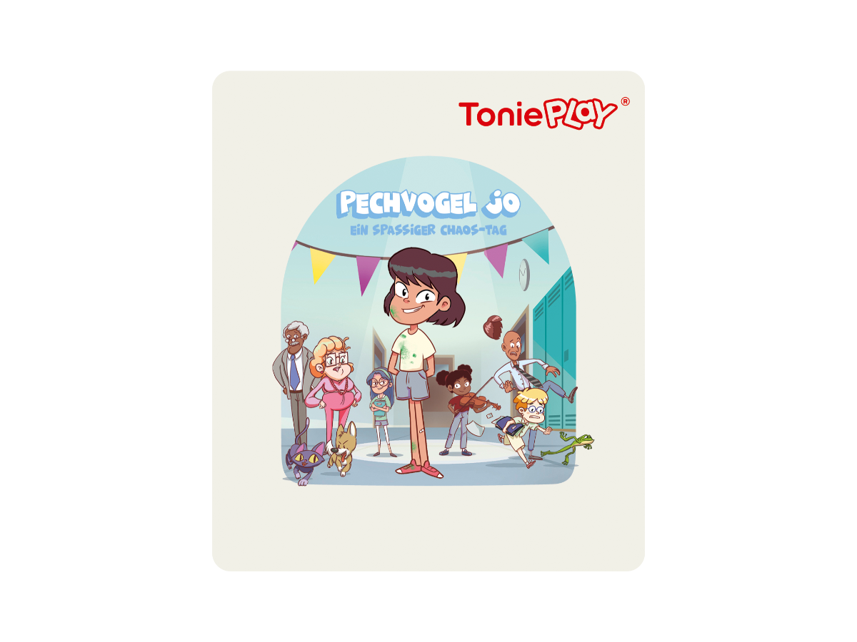 Detaillierte Darstellung des Pechvogel Jo Tonieplay Spiels inklusive Toniebox 2, Disc und Spielanleitung