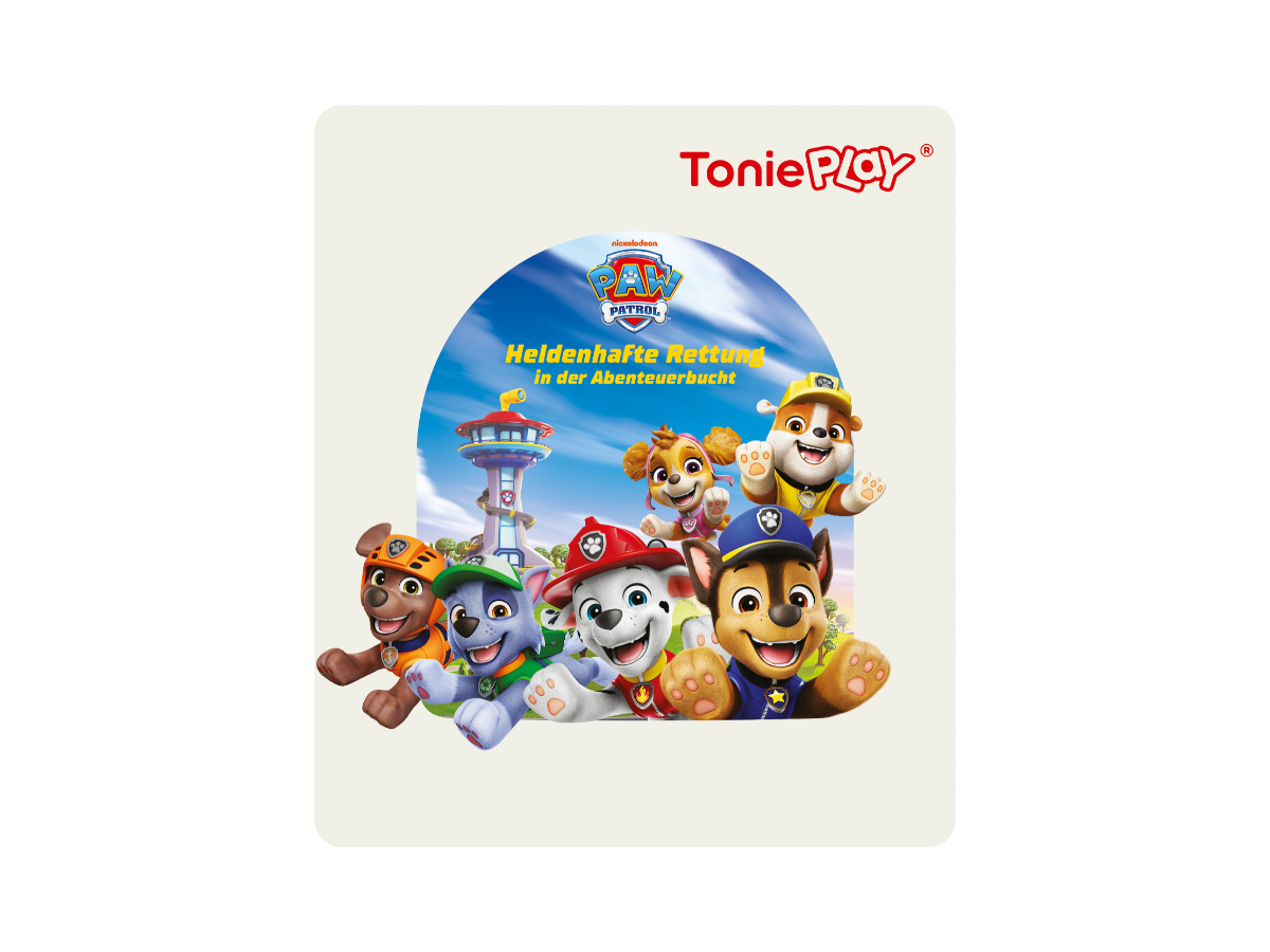 Kinder spielen mit der Toniebox 2, wählen das Paw Patrol Tonieplay Spiel, legen es auf die Box, und drücken den Controller für spannende Missionen und Minispiele ab 3 Jahren