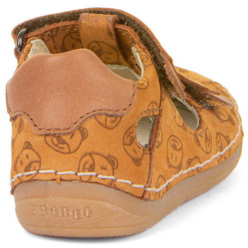 Alt text: FRODDO Halbsandale G2150185-13 in a rich cognac color with adorable Teddybären detailing, perfect for stylish and comfortable summer wear for kids