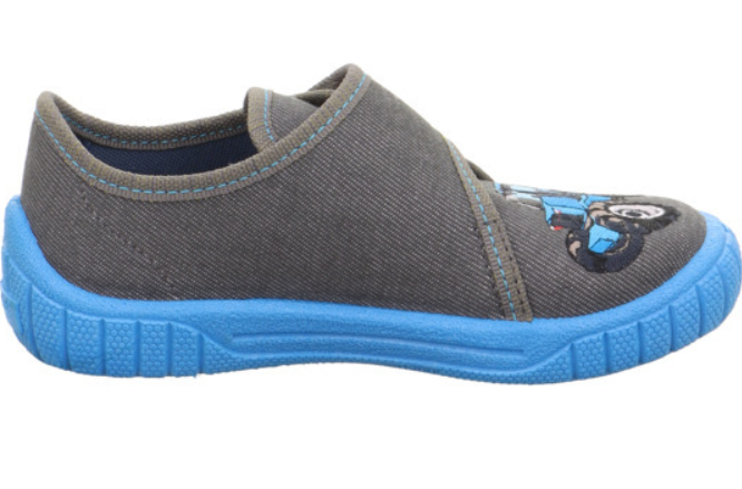 Comfortable and stylish SUPERFIT Hausschuh BILL 278-206 featuring a grey and blue color scheme with a fun tractor design