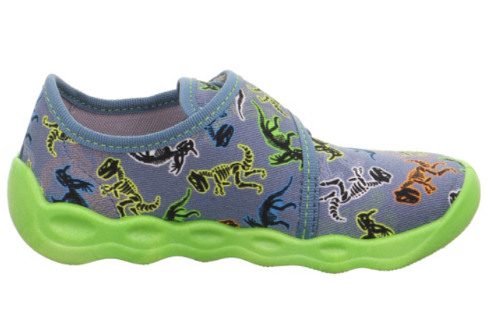 Comfortable and stylish SUPERFIT Hausschuh BUBBLE 6273-803 in jeans and grün featuring adorable dinosaur design for kids