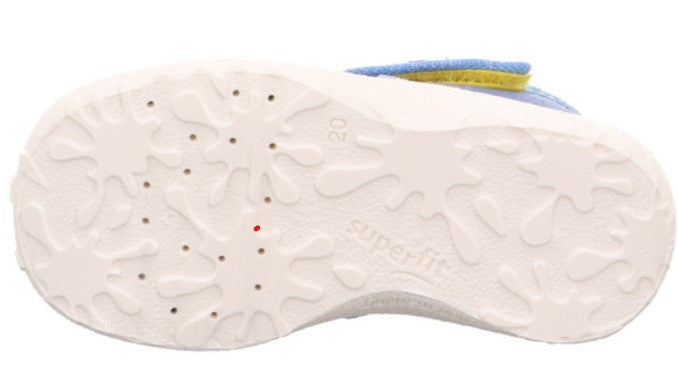 A cozy and colorful SUPERFIT Hausschuh SPOTTY 9256-840 in light blue, yellow, and duck design