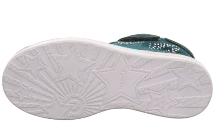 Dunkelblauer SUPERFIT SYMPA-TEX Knöchelschuh Stella 811-70 mit Sternmotiv in Petrol, ausgestattet mit wasserdichtem Material für wetterfesten Schutz