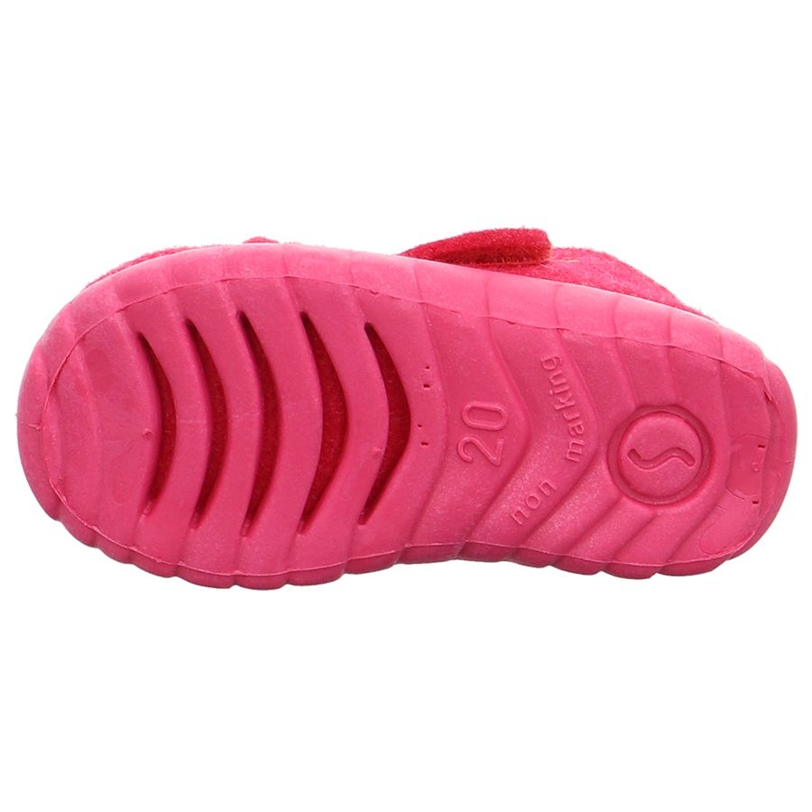 A pair of pink SUPERFIT Hausschuh HAPPY 291-64 with a Schmetterling design