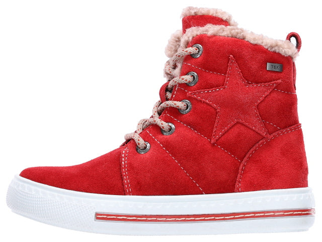 A pair of LURCHI TEX Stiefel WIEBKE 55002-23 in bright red featuring a star design