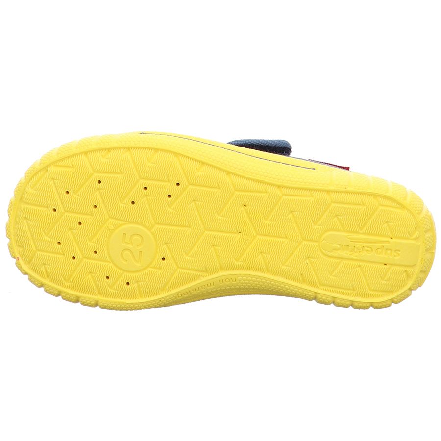 Pair of stylish and colorful men's indoor slippers by SUPERFIT, model BILL 271-808, in blue and yellow with skorpion design, perfect for comfortable and trendy home wear