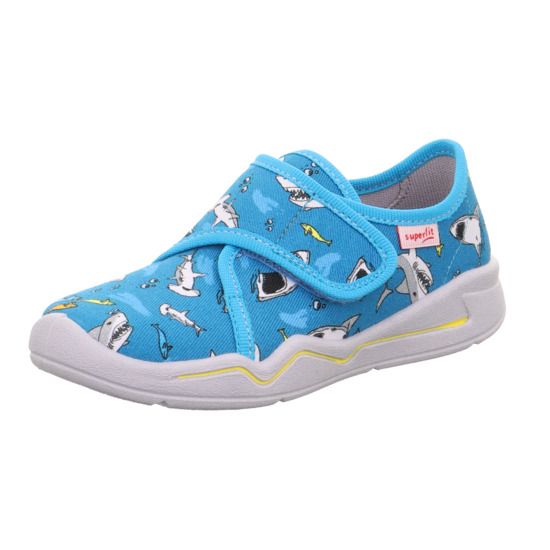 Superfit Hausschuh Benny 299-84 in light blue and gray with a fun shark design, comfortable and supportive footwear for kids