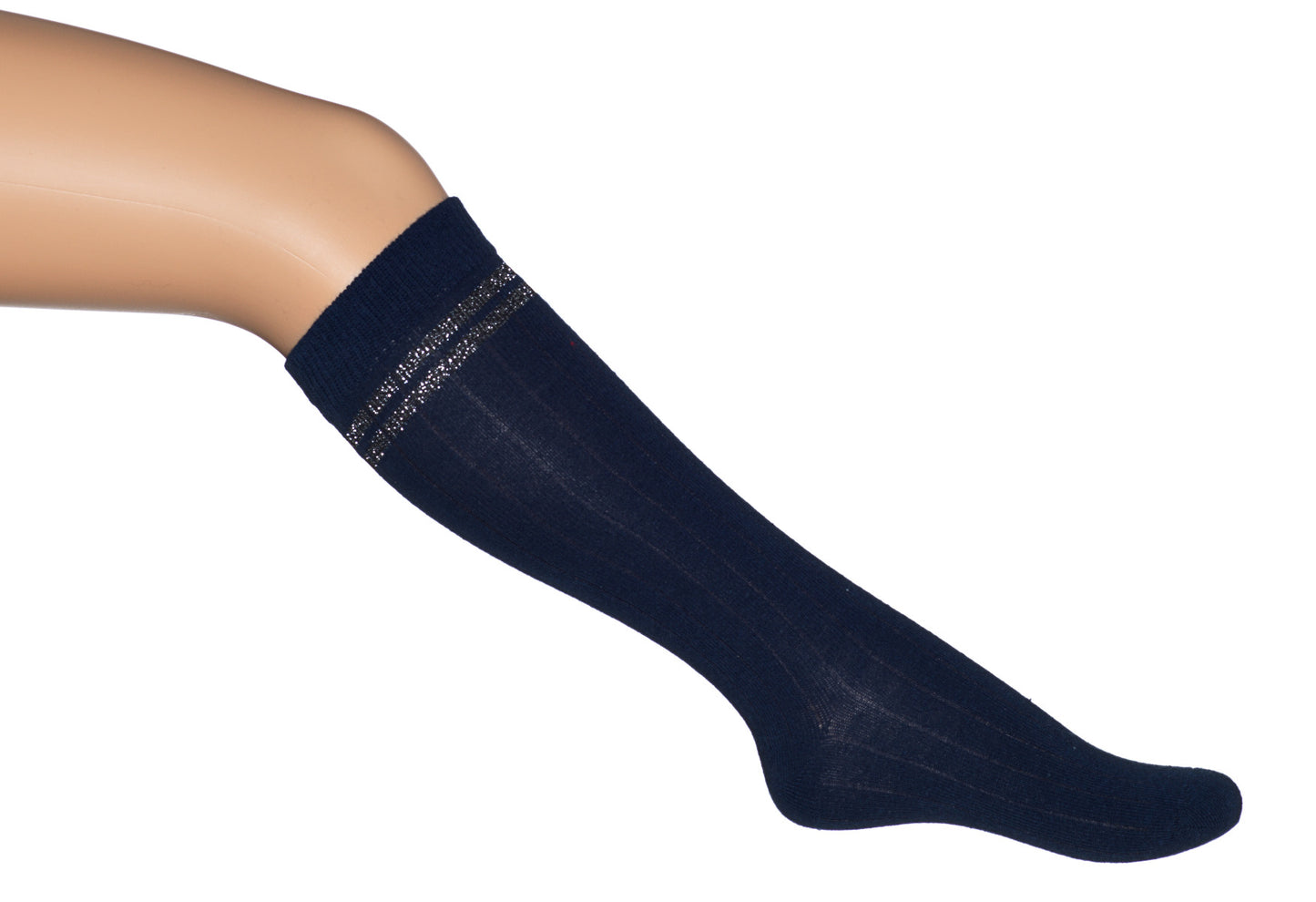 Kniestrümpfe mit Silberstreifen in Marineblau und Silber, Produktname BONNIE DOON Silver Stripe Knee High Kniestrümpfe BD853513