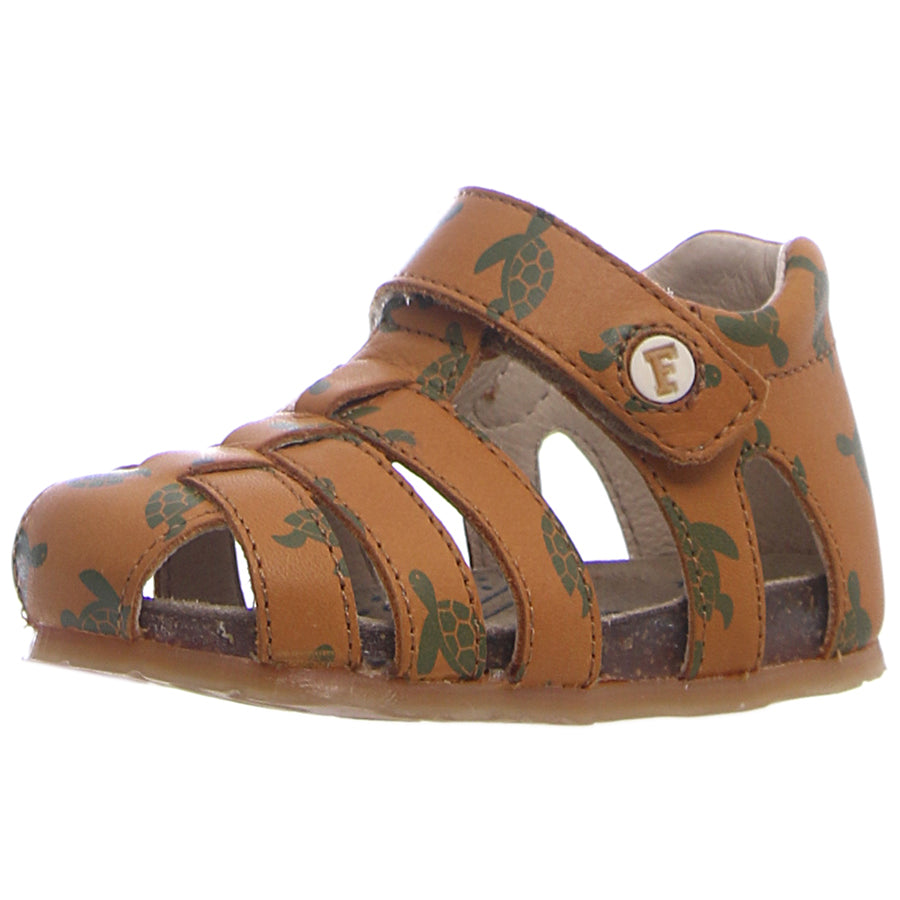 A close-up image of the NATURINO Halbsandale ALBY in curry color with a cute turtle design on the front strap