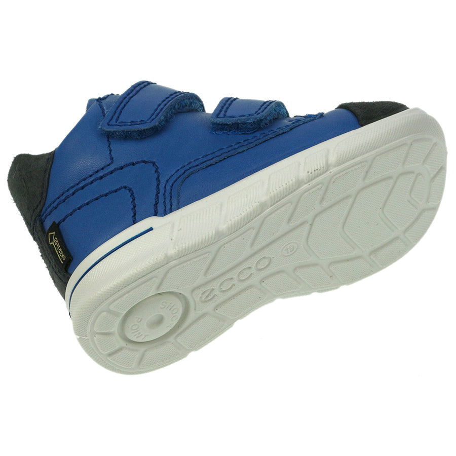 ECCO Gore-Tex Knöchelschuh FIRST 754161-50404 in blau und grau, Nahaufnahme des Profils der rutschfesten Sohle mit ECCO-Logo