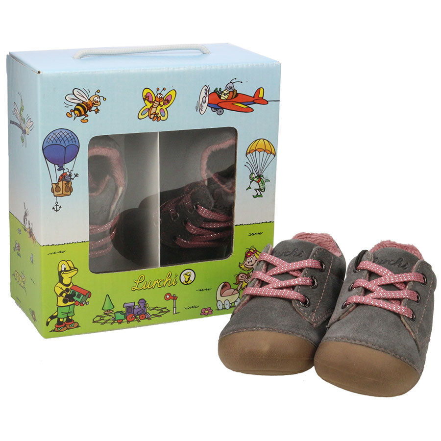 LURCHI PreWalker FLORI gefüttert 13978-25 in grey and pink, a cozy and stylish prewalker shoe for babies and toddlers
