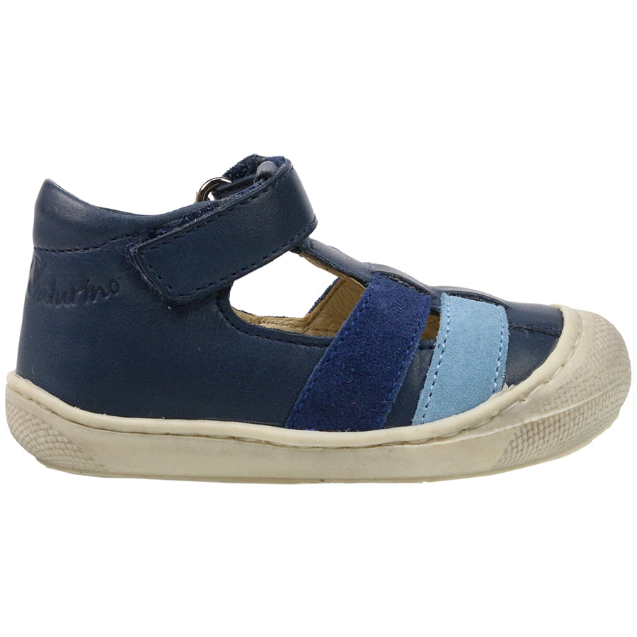 Alt text: NATURINO navy and light blue COMFY half-sandal, featuring comfortable design for kids