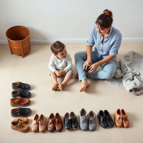 Kinderschuhe mit guter Verarbeitung im Vergleich, während Eltern und Kind gemeinsam die Passform prüfen