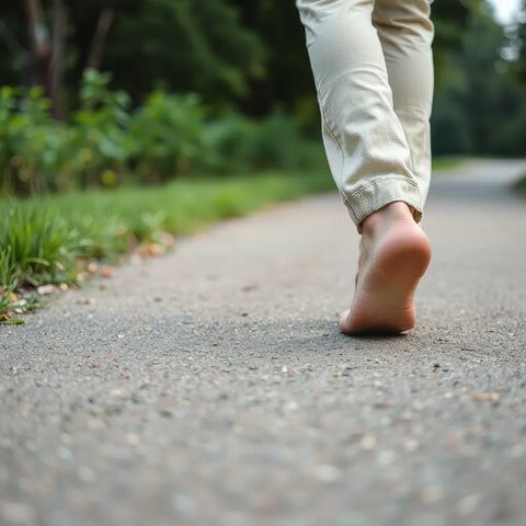 Erwachsene Füße in minimalistischen Barfußschuhen auf einem Weg, flexible Sohle und Zehenfreiheit gut sichtbar