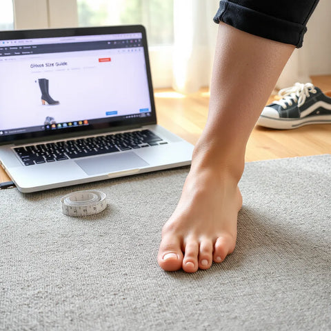 Person misst den Fuß mit Maßband neben einem Laptop für die Online-Schuhgrößenermittlung