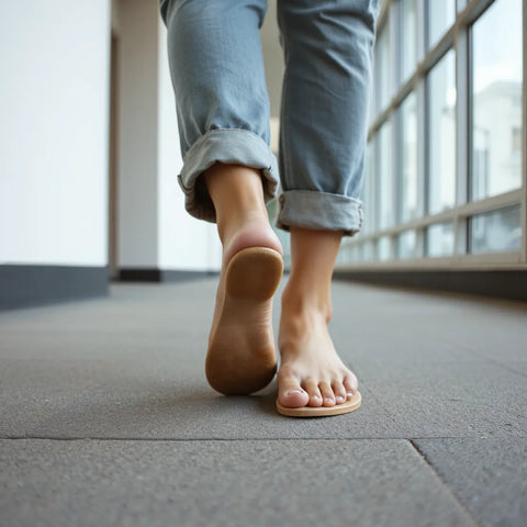 Bequeme barfuß Schuhe im Alltag beim Gehen auf einer ruhigen Straße
