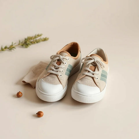 Eco Sneaker mit sichtbaren Natur- und Recyclingmaterialien wie Textil und Gummisohle
