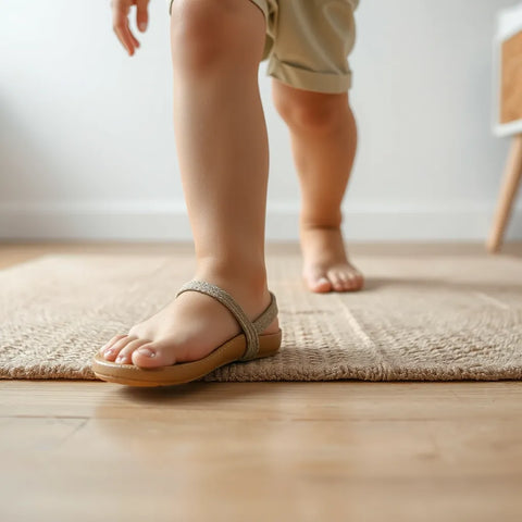 Kind trägt Naturfußschuhe mit breiter Zehenbox, flexible dünne Sohle und sichtbar angepasster Passform