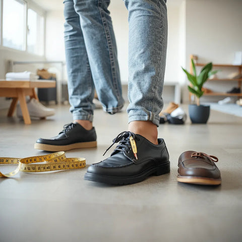 Person beim Anprobieren passender Schuhe mit Blick auf Passform, Fuß und Messband