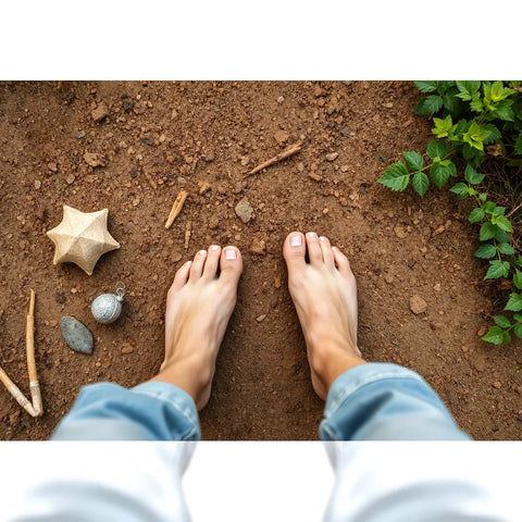 Person mit Barfußschuhen auf einem Naturweg, Fokus auf Füße und flexible Sohle