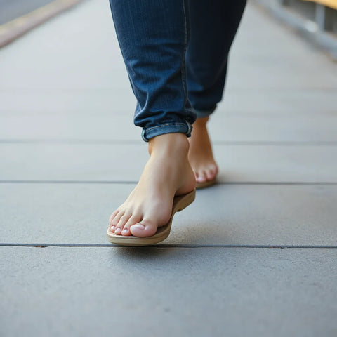 Person mit barfußähnlichen Schuhen beim Gehen auf dem Gehweg, Fokus auf Zehenfreiheit und flexible Sohle