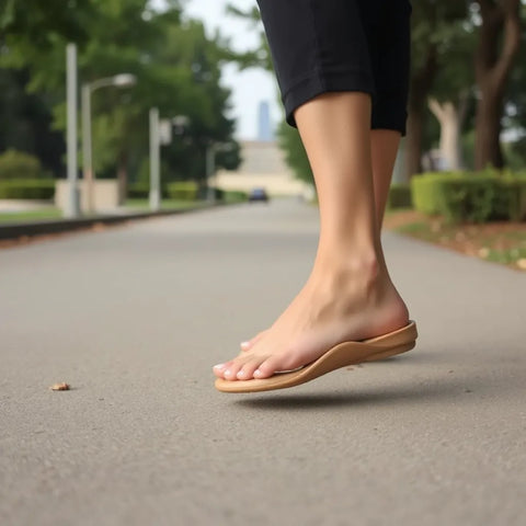 Person beim Gehen mit minimalistischen Barfußschuhen auf einem Weg im Freien