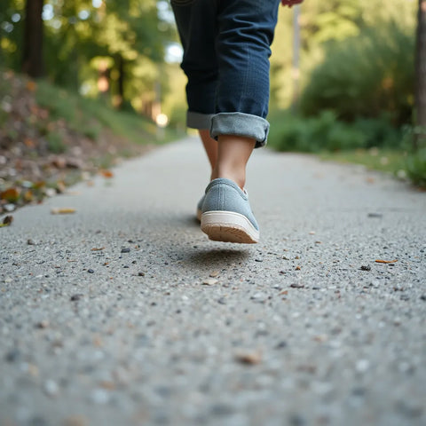 Kind läuft im Barfußschuh mit breiter Zehenbox und flexibler, flacher Sohle auf dem Gehweg