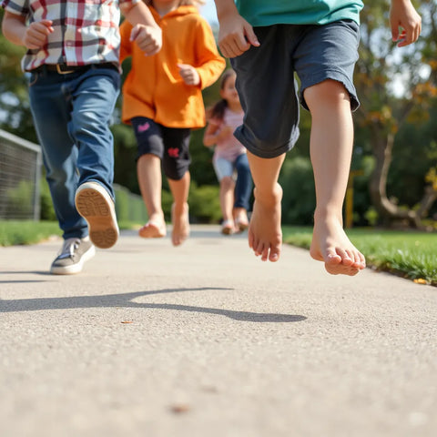 Aktive Kinder laufen im Freien mit barfußähnlichen Schuhen und breiter Zehenbox