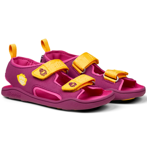 
Barfuß-Sandale in beere und gelb mit Vogel-Motiv aus 100% Mikrofaser Polyester 