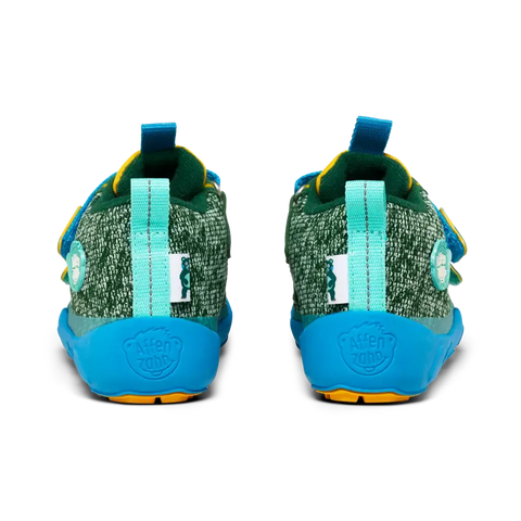 Affenzahn Tex Knöchelschuh Happy Bär in blue, green, and yellow, featuring a cute bear design