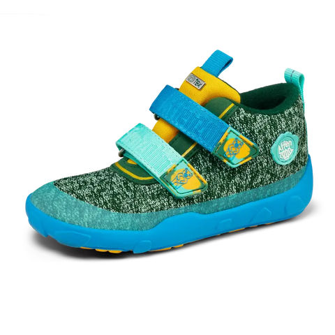 Colorful blue, green, and yellow AFFENZAHN TEX Knöchelschuh HAPPY BÄR featuring a playful bear design