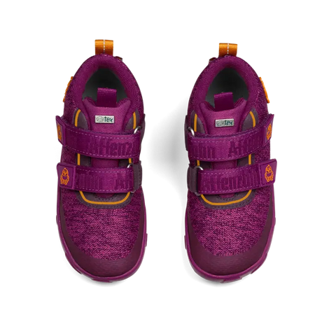 Colorful AFFENZAHN TEX Knöchelschuh featuring a happy bird design in berry and yellow