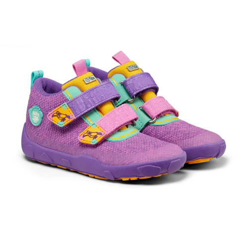 Colorful AFFENZAHN TEX Knöchelschuh with happy tukan design in purple, yellow, and turquoise