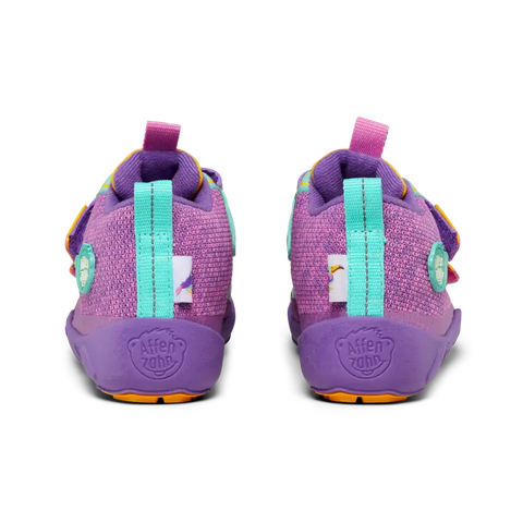 Colorful purple, yellow, and turquoise AFFENZAHN TEX Knöchelschuh HAPPY TUKAN ankle shoe with a happy tukan design