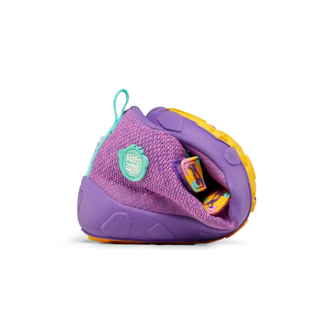 Colorful purple, yellow, and turquoise AFFENZAHN TEX Knöchelschuh HAPPY TUKAN shoe with a fun tukan design